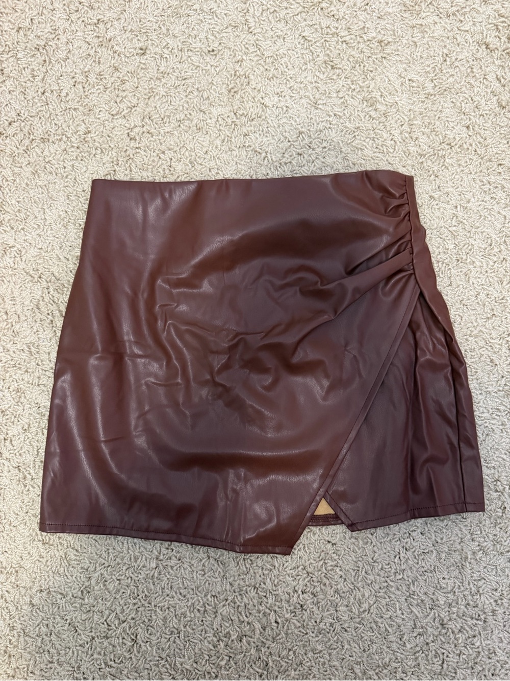 Faux Leather Mini Skirt in Burgundy with Side Gather